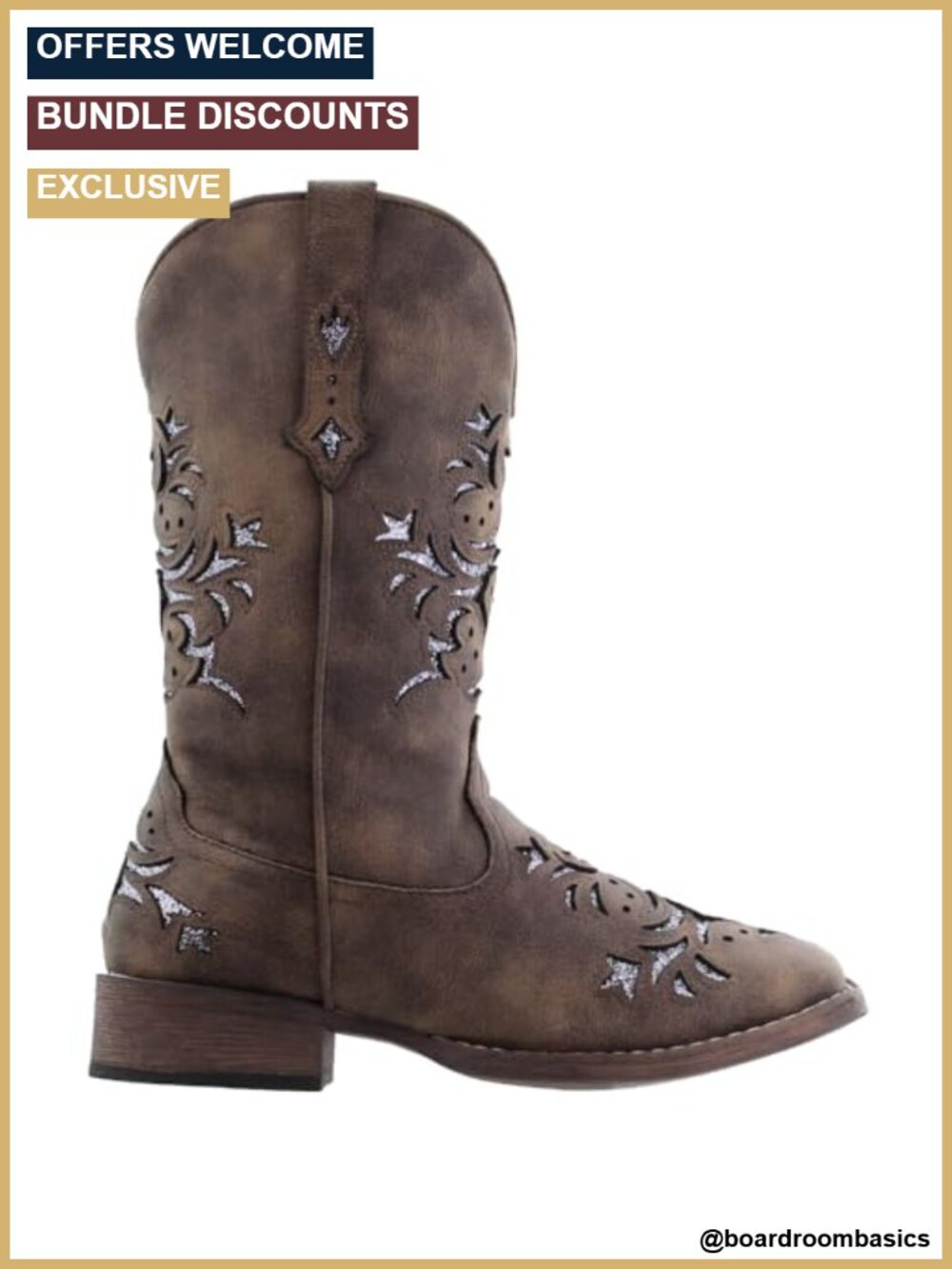 Kennedy Glitter Tooled Inlay Square Toe Pull On Mid Calf Boots